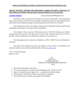 Indian Customs & Central Excise Museum Mandovi House, Goa Notice Inviting Tender for Providing Armed Security Services at Th