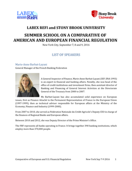 SUMMER SCHOOL on a COMPARATIVE of AMERICAN and EUROPEAN FINANCIAL REGULATION New York City, September 7, 8 and 9, 2016