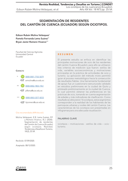 Segmentación De Residentes Del Cantón De Cuenca (Ecuador) Según Ociotipos