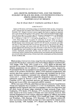 Age, Growth, Reproduction, and the Feeding Ecology of Black Sea Bass, Centropristis Striata (Pisces: Serranidae), in the Eastern Gulf of Mexico