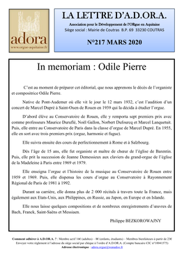 In Memoriam : Odile Pierre