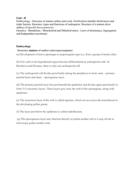 Unit - II Embryology - Structure of Mature Anther and Ovule