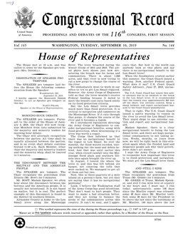 Congressional Record United States Th of America PROCEEDINGS and DEBATES of the 116 CONGRESS, FIRST SESSION