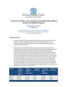 The Current Situation in Anbar, Resultant Forced Displacement, IOM Iraq Response and Additional Capacity