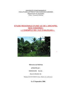 Etude Regionale D'une Ile De L'archipel Des Comores : « L