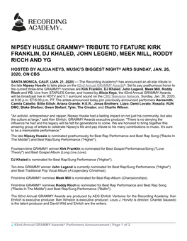 Nipsey Hussle Grammy® Tribute to Feature Kirk Franklin, Dj Khaled, John Legend, Meek Mill, Roddy Ricch and Yg