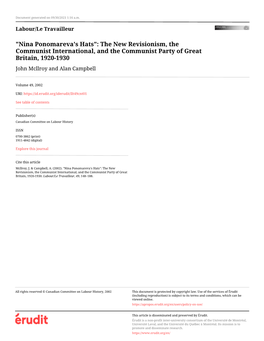 The New Revisionism, the Communist International, and the Communist Party of Great Britain, 1920-1930 John Mcllroy and Alan Campbell