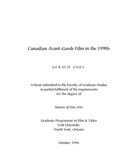 Canadian Avant-Garde Film in the 1990S