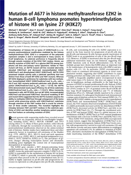 Mutation of A677 in Histone Methyltransferase EZH2 in Human B-Cell Lymphoma Promotes Hypertrimethylation of Histone H3 on Lysine 27 (H3K27)