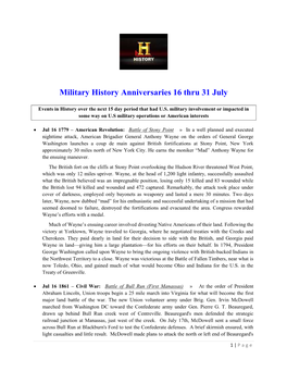 Military History Anniversaries 16 Thru 31 July