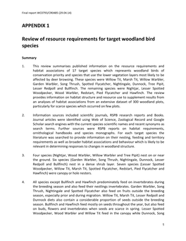 Review of Resource Requirements for Target Woodland Bird Species