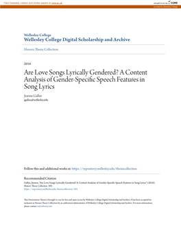 Are Love Songs Lyrically Gendered? a Content Analysis of Gender-Specific Ps Eech Features in Song Lyrics Jeanne Gallee Jgallee@Wellesley.Edu