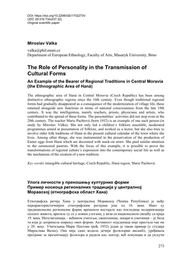 The Role of Personality in the Transmission of Cultural Forms an Example of the Bearer of Regional Traditions in Central Moravia (The Ethnographic Area of Haná)