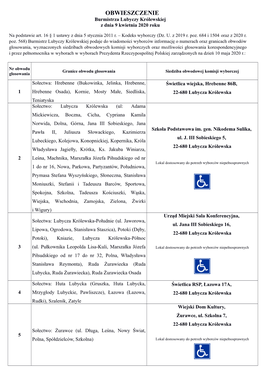 OBWIESZCZENIE Burmistrza Lubyczy Królewskiej Z Dnia 9 Kwietnia 2020 Roku