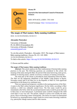 The Magic of Mari Names: Baby-Naming Traditions DOI: 10.34158/ONOMA.50/2015/5