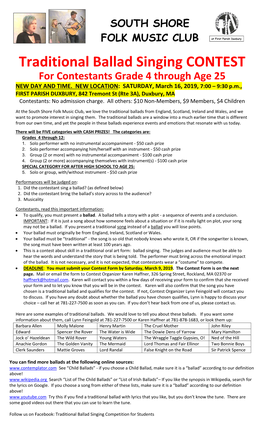 Traditional Ballad Singing CONTEST for Contestants Grade 4 Through Age 25 NEW DAY and TIME