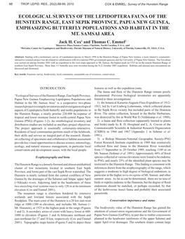 Ecological Surveys of the Lepidoptera Fauna of the Hunstein Range, East Sepik Province, Papua New Guinea, Emphasizing Butterfly Populations and Habitat in the Mt