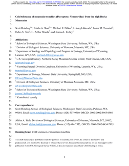 Cold Tolerance of Mountain Stoneflies (Plecoptera: Nemouridae) from the High Rocky 2 Mountains 3 4 Scott Hotaling1,*, Alisha A