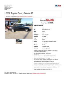 2002 Toyota Camry Solara SE | MEDINA, OHIO | PEAK AUTO SALES