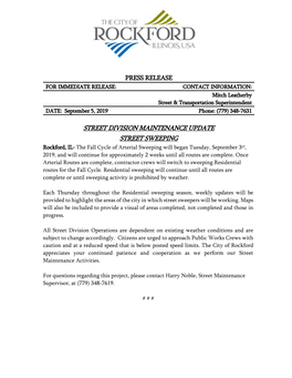 Street Division Maintenance Update Street Sweeping