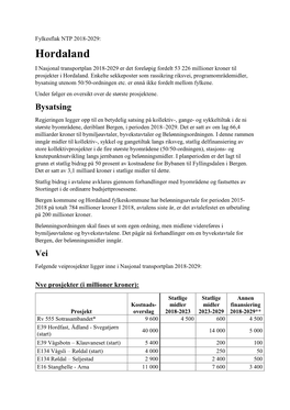 Hordaland I Nasjonal Transportplan 2018-2029 Er Det Foreløpig Fordelt 53 226 Millioner Kroner Til Prosjekter I Hordaland