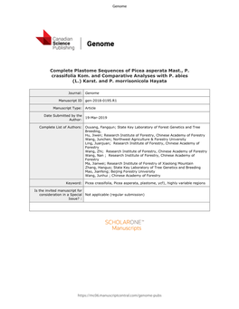 Complete Plastome Sequences of Picea Asperata Mast., P