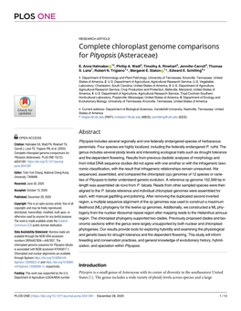 Complete Chloroplast Genome Comparisons for Pityopsis (Asteraceae)