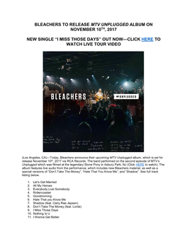 Bleachers to Release Mtv Unplugged Album on November 10Th, 2017