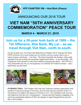 Viet Nam “50Th Anniversary Commemoration” Peace Tour March 4 - March 21, 2018