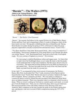 Burnin’”—The Wailers (1973) Added to the National Registry: 2006 Essay by Roger Steffens (Guest Post)*