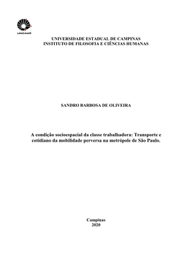 A Condição Socioespacial Da Classe Trabalhadora: Transporte E Cotidiano Da Mobilidade Perversa Na Metrópole De São Paulo