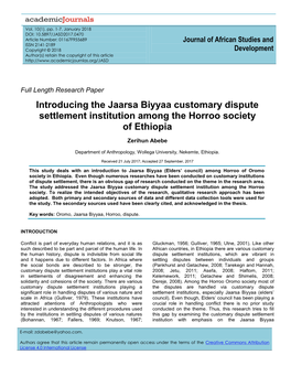 Introducing the Jaarsa Biyyaa Customary Dispute Settlement Institution Among the Horroo Society of Ethiopia