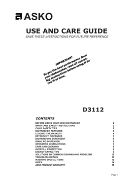 Asko Use and Care Guide Save These Instructions for Future Reference