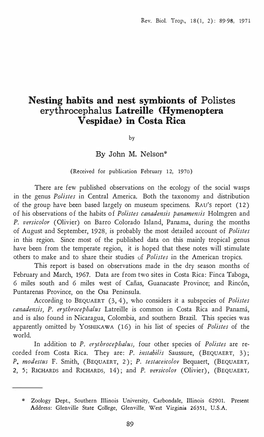 N Esting Hab'its and Nest Symbionts of Polistes Erythrocephalus Latreille (Hymenoptera V'espidae) in Costa Rica