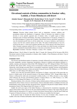 Elevational Controls of Lichen Communities in Zanskar Valley, Ladakh, a Trans Himalayan Cold Desert Jatinder Kumar1, Himanshu Rai2, Roshni Khare2, D