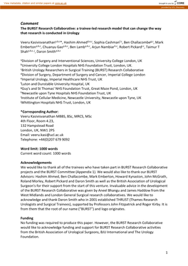 Comment the BURST Research Collaborative: a Trainee-Led Research Model That Can Change the Way That Research Is Conducted in Urology