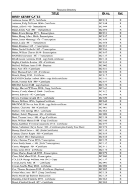 TITLE ID No. Ref. BIRTH CERTIFICATES