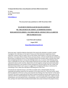 Statement from Leah Mcgrath Goodman Re: Treatement by Jersey Authorities During Research Into Jersey / Uk Child Abuse and Haut De La Garenne 2009 to Present Day