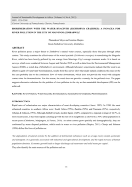 Bioremediation with the Water Hyacinth (Eichhornia Crassipes): a Panacea for River Pollution in the City of Masvingo (Zimbabwe)?