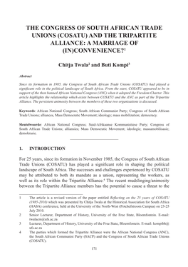 The Congress of South African Trade Unions (Cosatu) and the Tripartite Alliance: a Marriage of (In)Convenience?1