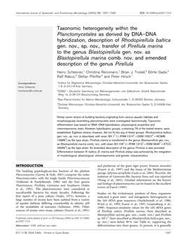 Taxonomic Heterogeneity Within the Planctomycetales As Derived by DNA–DNA Hybridization, Description of Rhodopirellula Baltica Gen