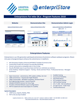 Enterpristore for Infor SX.E ‐ Program Features 2018