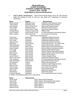 Meeting Minutes CFASPP STATEWIDE STEERING COMMITTEE MEETING August 2, 2014, 1:00 PM Hyatt Regency Jacksonville-Riverfront