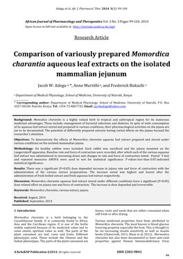 Comparison of Variously Prepared Momordica Charantia Aqueous Leaf Extracts on the Isolated Mammalian Jejunum
