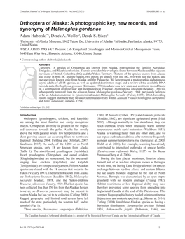 Orthoptera of Alaska: a Photographic Key, New Records, and Synonymy of Melanoplus Gordonae Adam Haberski*1, Derek A