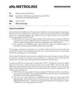 Proposed Fare Changes, GO Fares Between Niagara Falls and Union Station Will Also Be Adjusted So That GO Bus Fares and GO Rail Fares Are Consistent