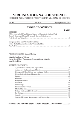 Virginia Journal of Science Official Publication of the Virginia Academy of Science