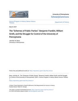 Benjamin Franklin, William Smith, and the Struggle for Control of the University of Pennsylvania