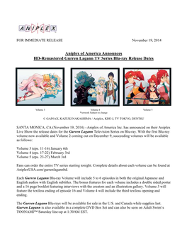 Aniplex of America Announces HD-Remastered Gurren Lagann TV Series Blu-Ray Release Dates