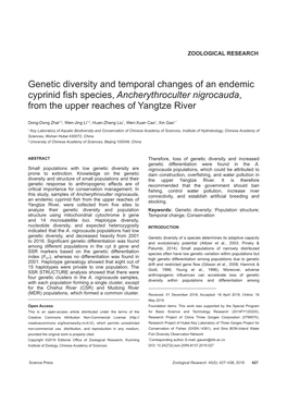 Genetic Diversity and Temporal Changes of an Endemic Cyprinid Fish Species, Ancherythroculter Nigrocauda, from the Upper Reaches of Yangtze River